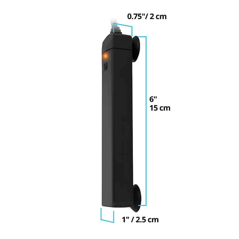 Fluval P25 nano heater dimensions diagram, 6 inches tall with a 1 inch suction cup base