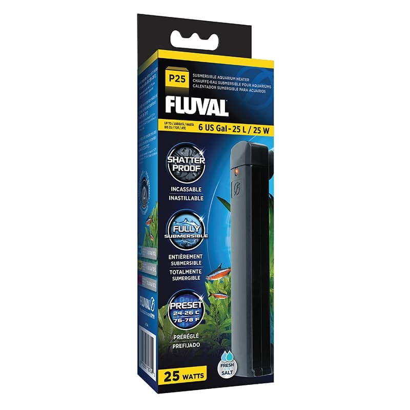Fluval P25 preset nano aquarium heater retail box, up to 6 US gallons, 25 watts