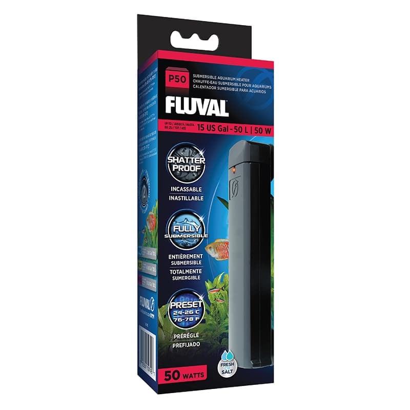 Fluval P50 preset aquarium heater retail box, up to 15 US gallons, 50 watts