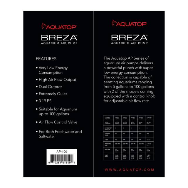 Aquatop Breza AP-100 air pump, box back with specifications