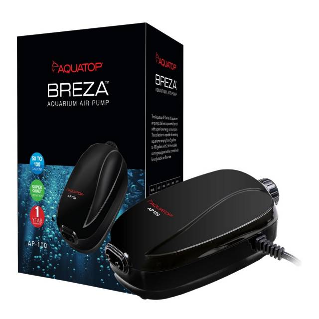 Aquatop Breza AP-100 dual outlet aquarium air pump with its box