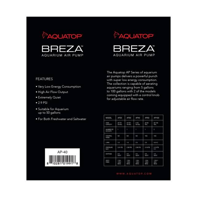 Aquatop Breza AP-40 air pump, box back with specifications