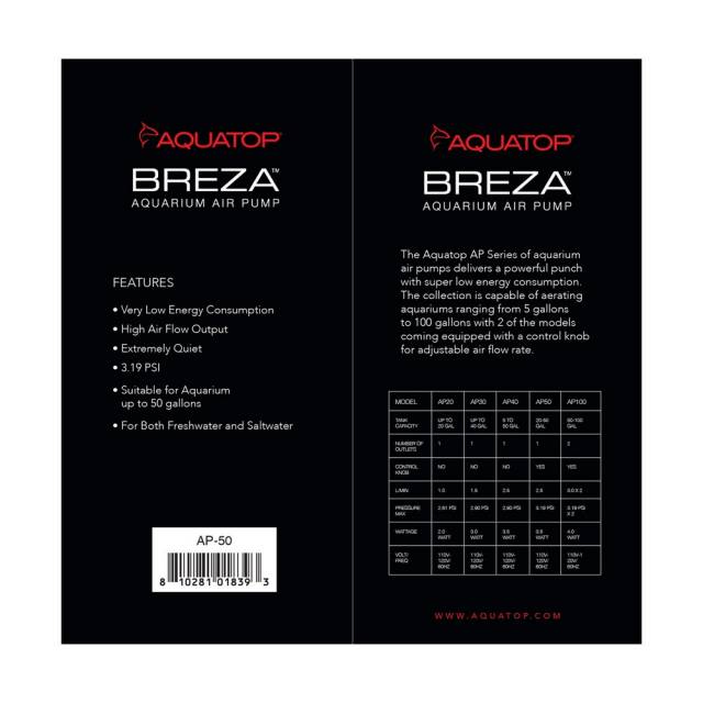 Aquatop Breza AP-50 air pump, box back with specifications