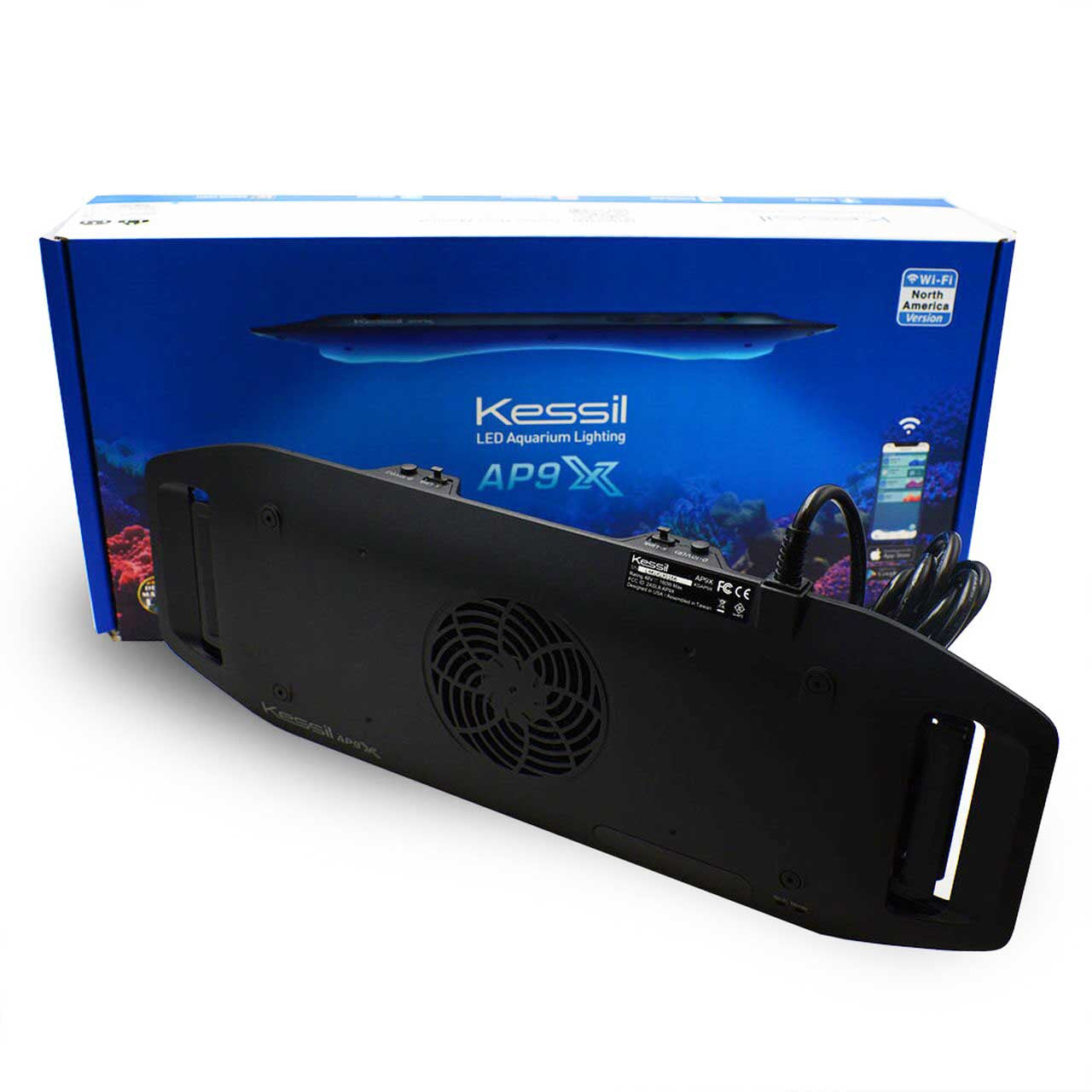 Kessil AP9X LED reef aquarium light and packaging, Wi-Fi North America version