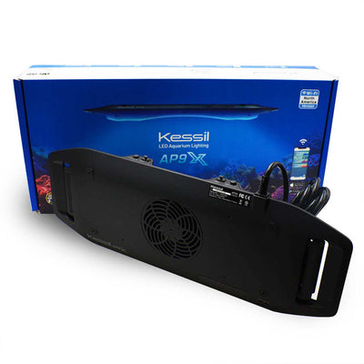 Kessil AP9X LED reef aquarium light and packaging, Wi-Fi North America version