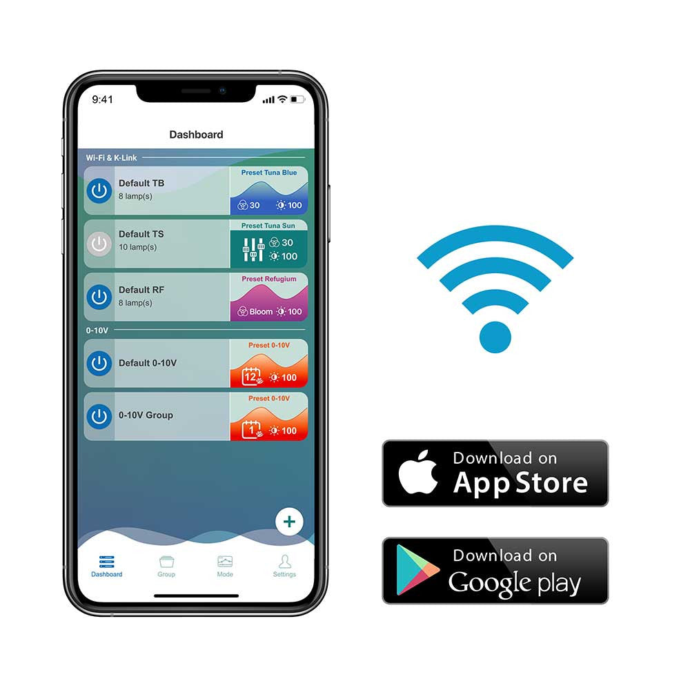 Kessil app dashboard for the AP9X with Wi-Fi, K-Link, and 0-10V presets on iOS and Android