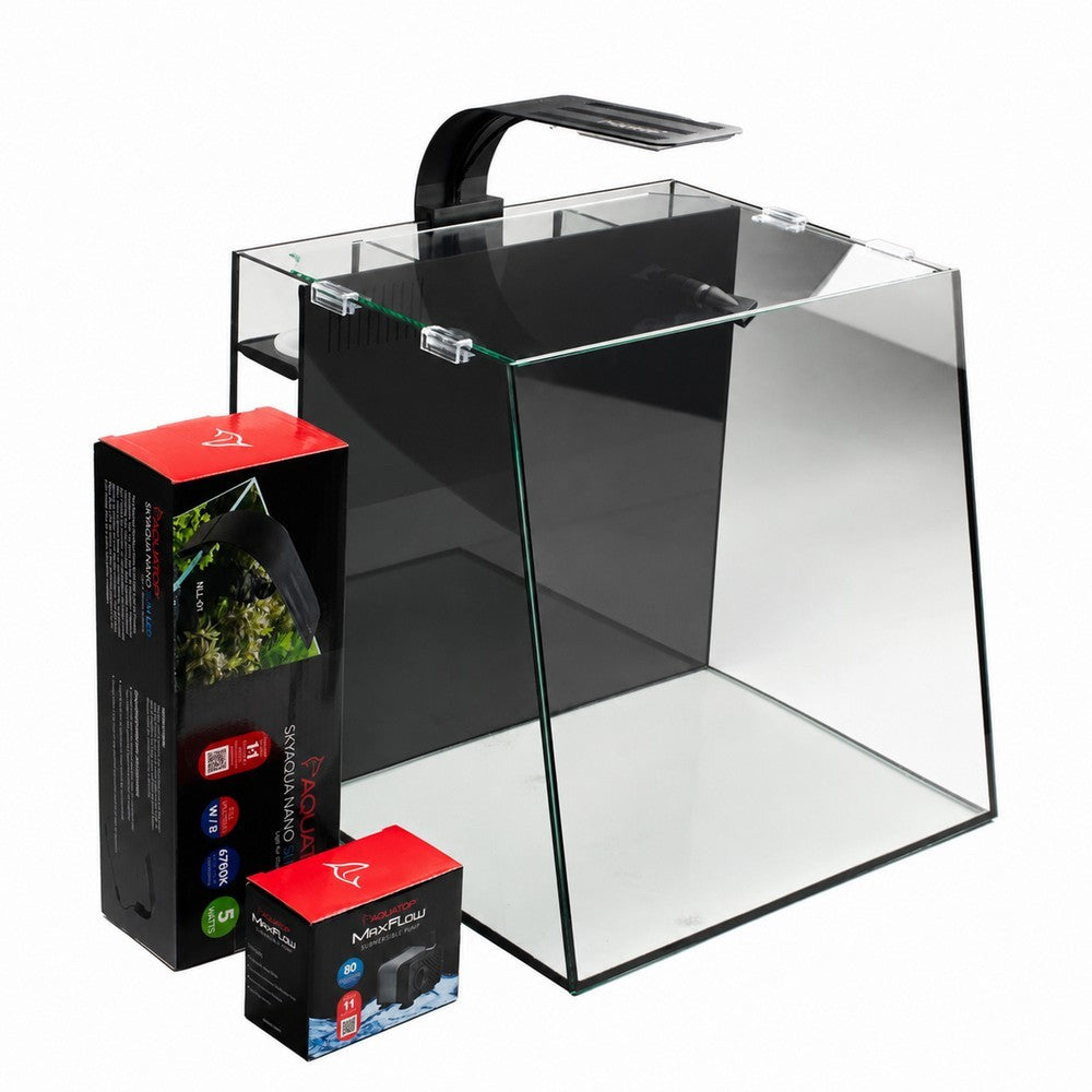Aquatop Ascension 9 aquarium with its clamp-on LED fitted, shown with the kit packaging