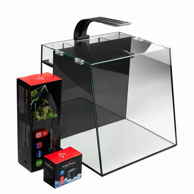 Aquatop Ascension 9 aquarium with its clamp-on LED fitted, shown with the kit packaging