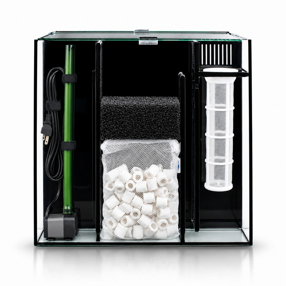 The Ascension 9 rear filtration chamber open, showing ceramic bio media, the Cylindro sleeve and the NP-80 pump