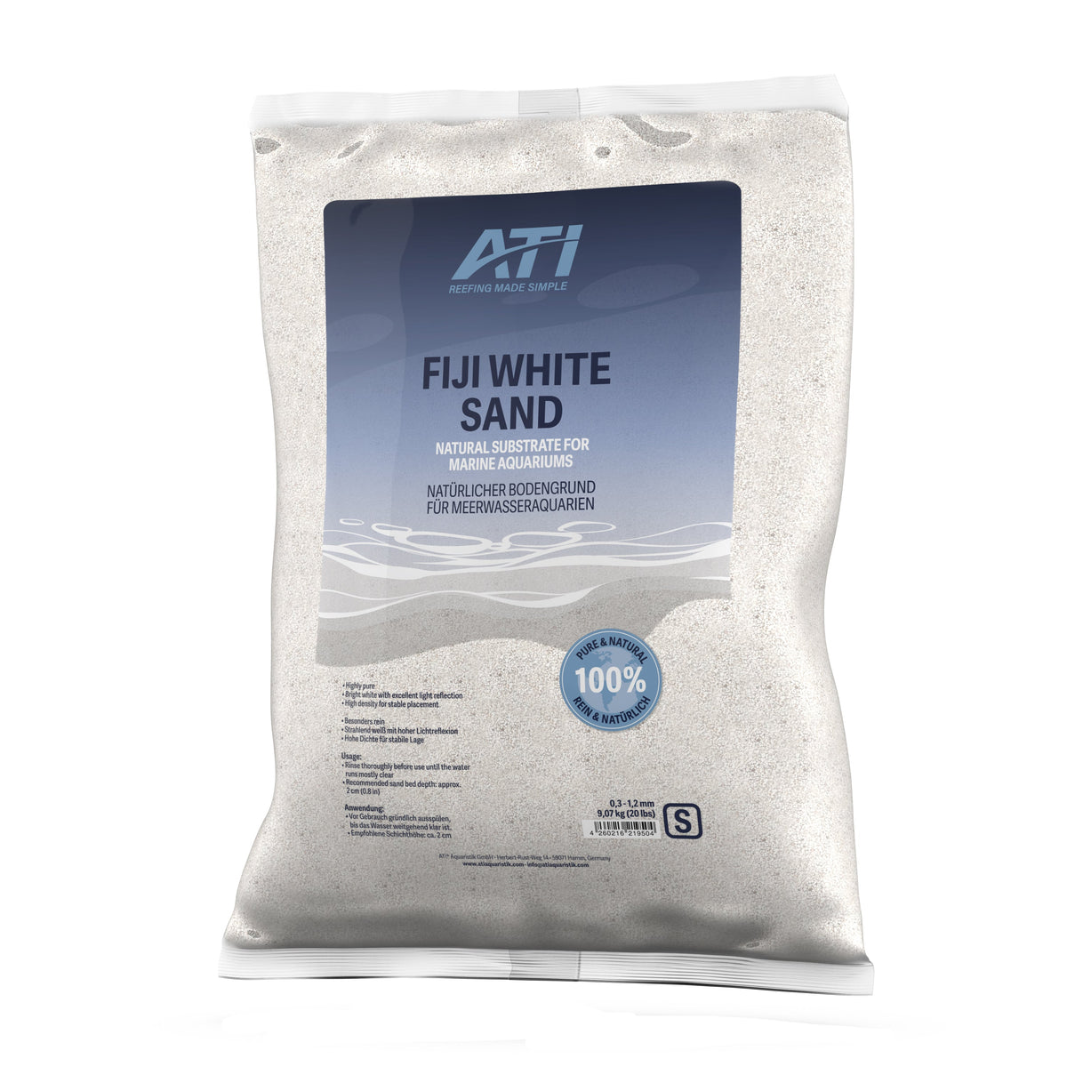ATI Fiji White Sand brilliant white aragonite reef sand, 20 lb bag, S grain