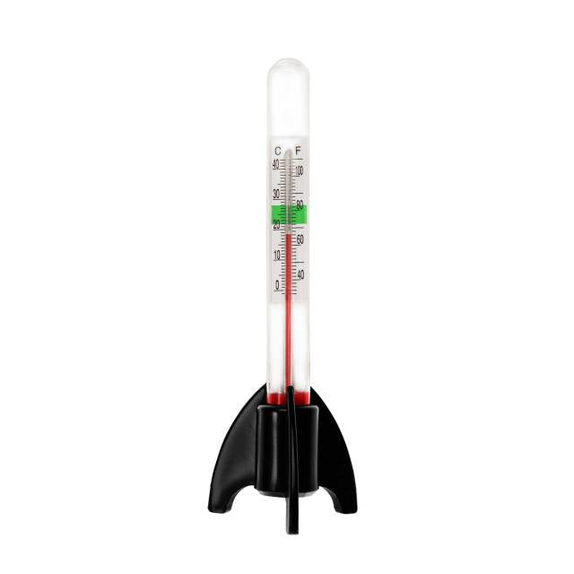 Aquatop AWAT-001 glass thermometer standing on its weighted claw base, showing the green safe zone
