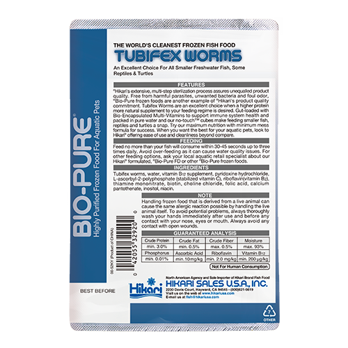 Hikari Bio-Pure Frozen Tubifex Worms package back with feeding directions