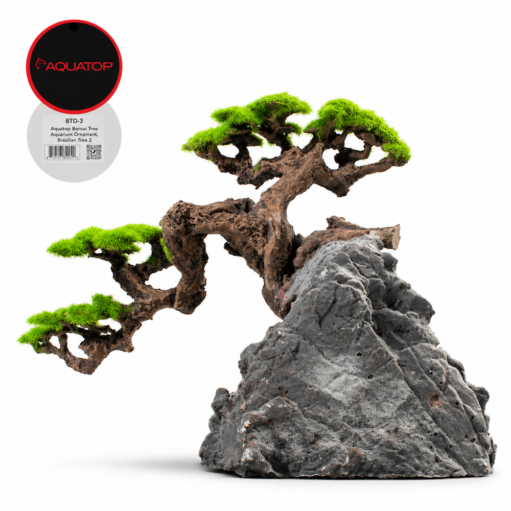 Aquatop Bonsai Tree ornament, Brazilian Tree 2, a trunk on a jagged grey rock formation with the canopy sweeping the other way