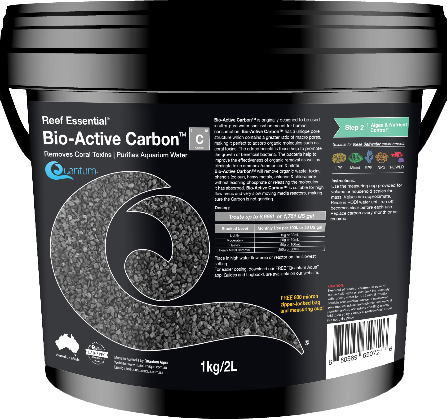 Quantum Bio-Active Carbon 1kg bucket, reef and marine activated carbon filter media