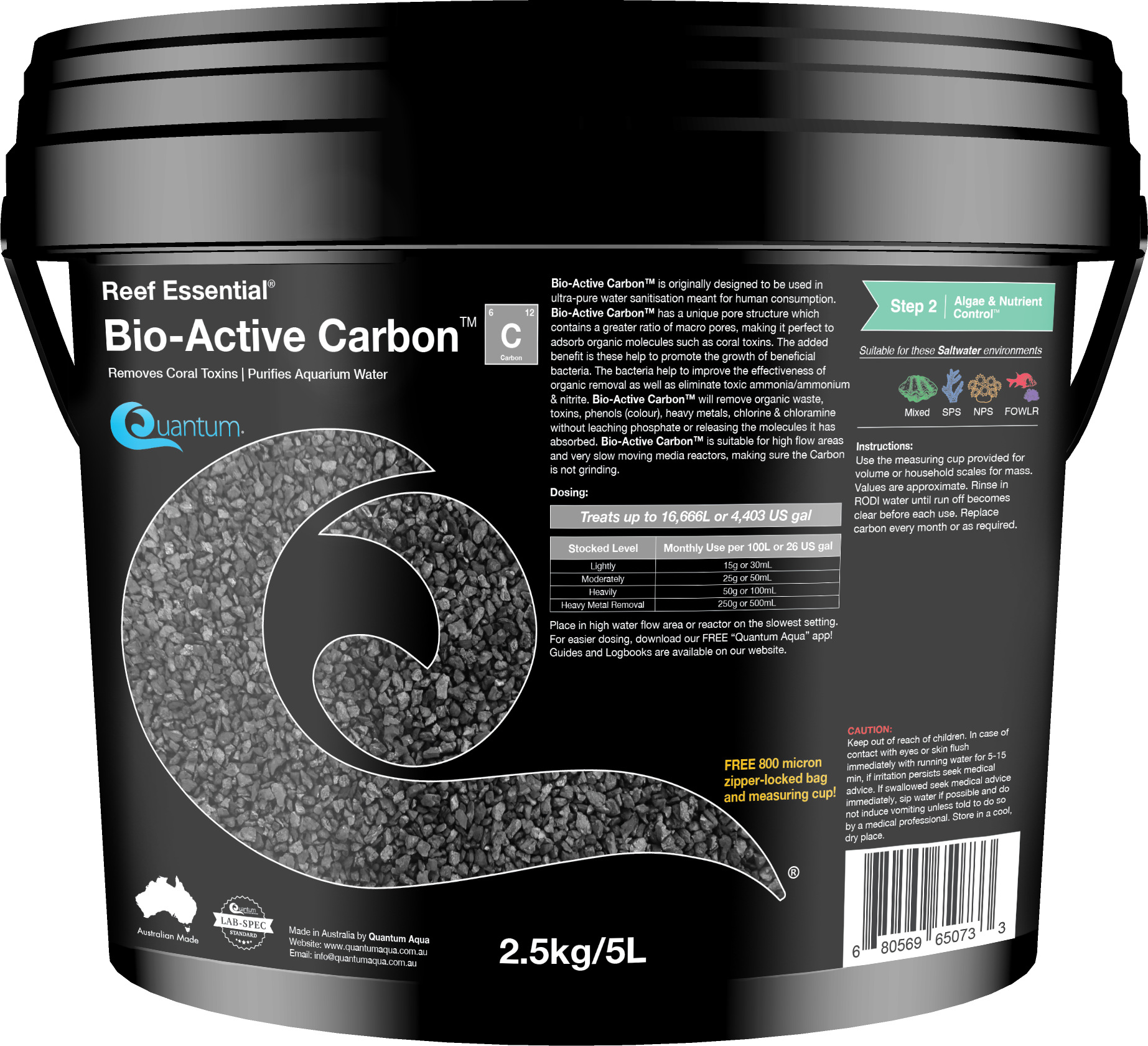 Quantum Bio-Active Carbon 2.5kg bucket, reef and marine activated carbon filter media