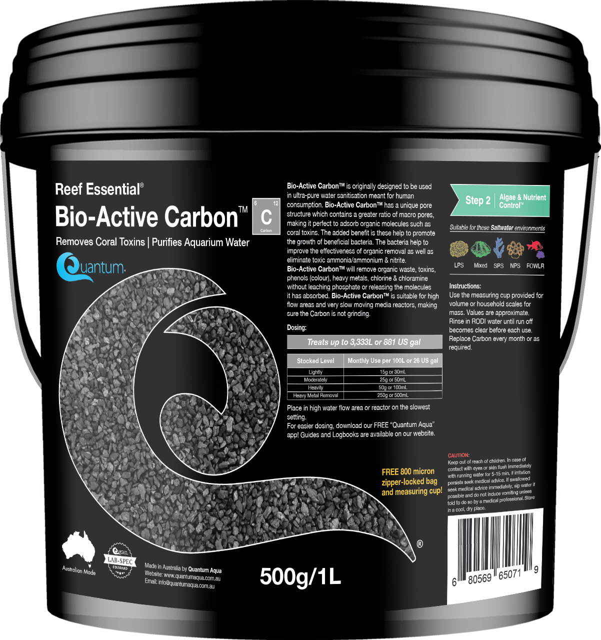 Quantum Bio-Active Carbon 500g bucket, premium reef and marine activated carbon filter media