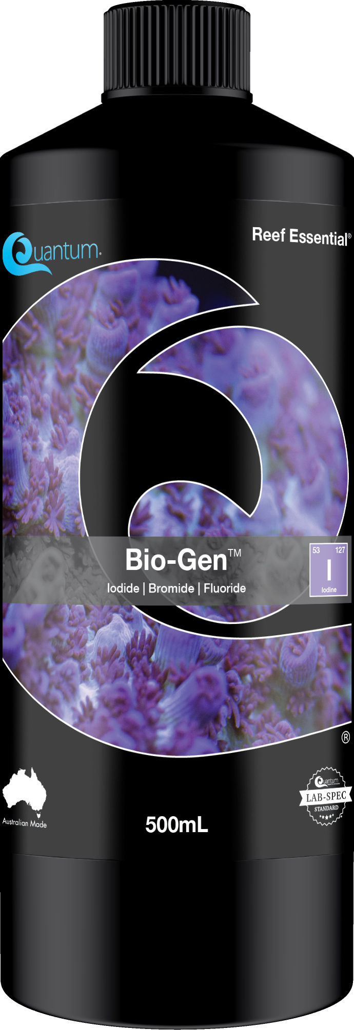 Quantum Bio-Gen reef supplement label - bioactive iodide, bromide and fluoride halogen blend