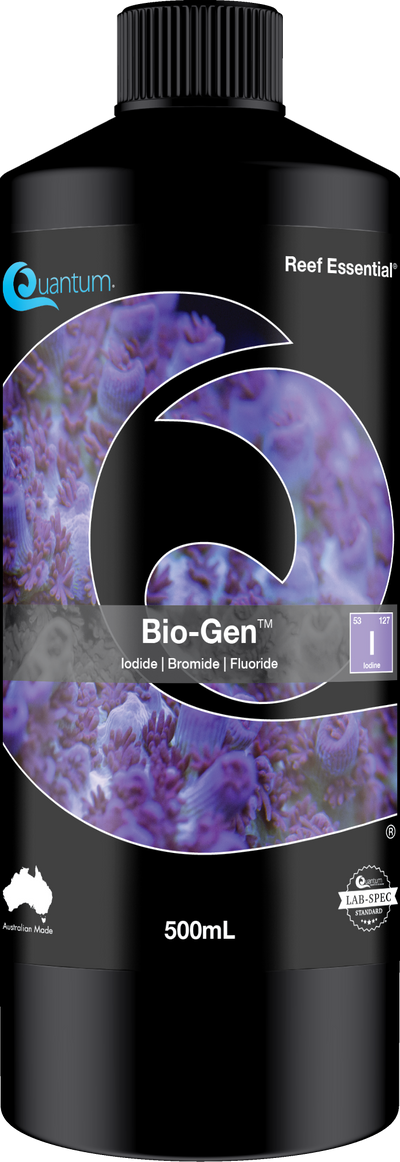 Quantum Bio-Gen reef supplement label - bioactive iodide, bromide and fluoride halogen blend