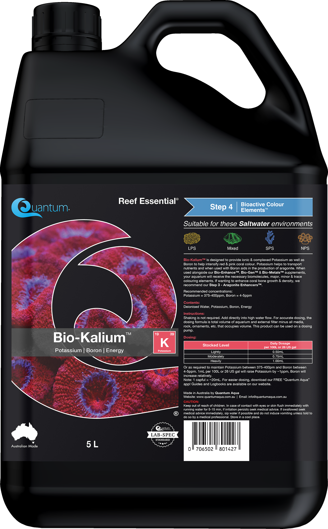 Quantum Bio-Kalium 5 Liter jug - bulk red and pink coral color enhancer with dosing chart for reef tanks