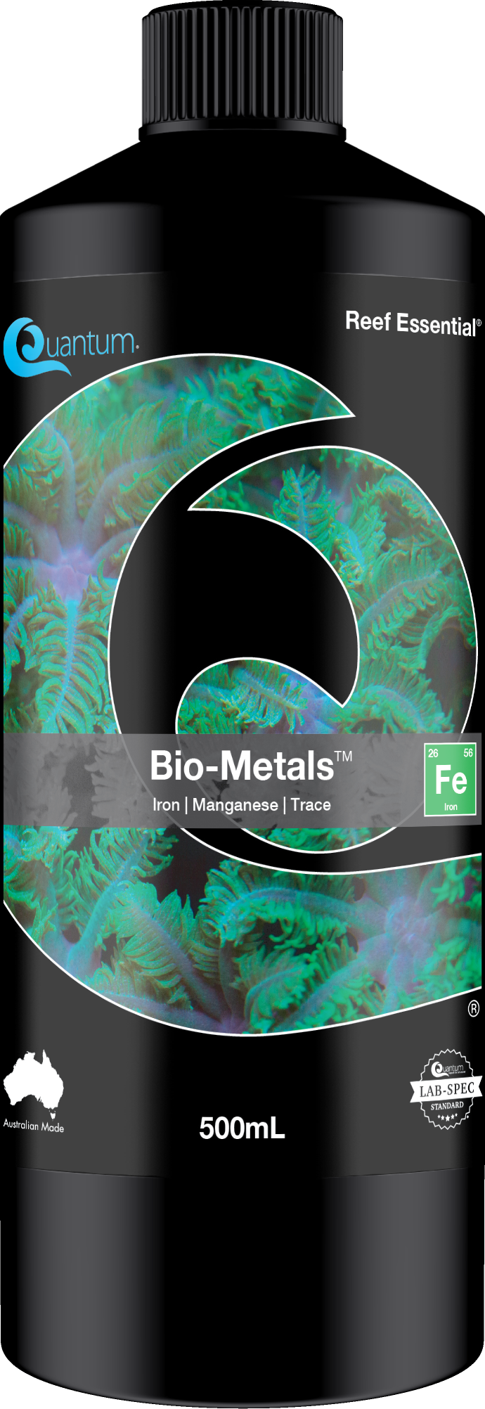 Quantum Bio-Metals 500mL label - iron, manganese and trace metals for green coral color