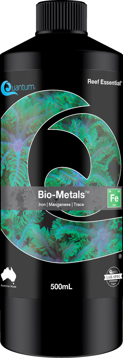 Quantum Bio-Metals 500mL label - iron, manganese and trace metals for green coral color