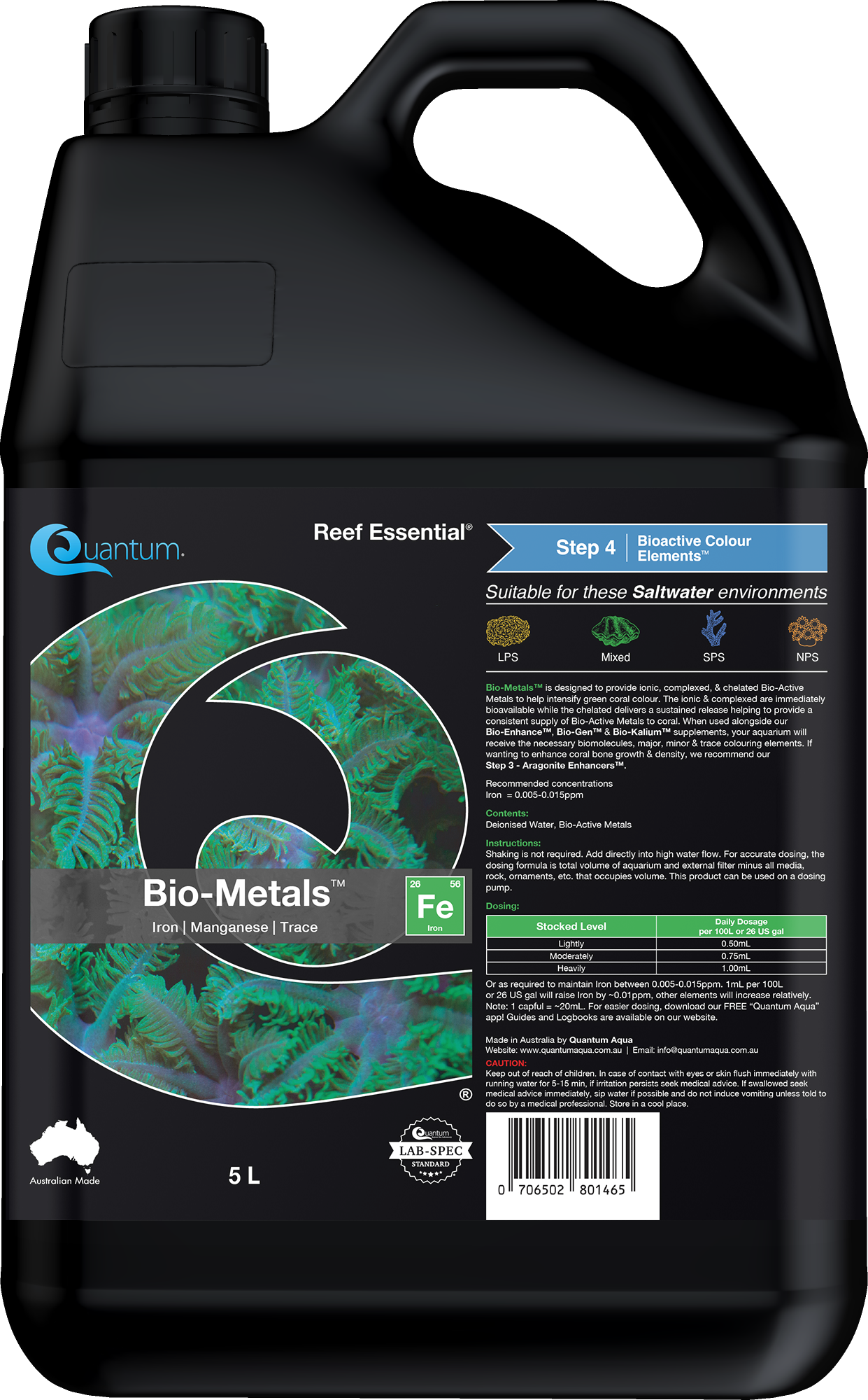 Quantum Bio-Metals 5 Liter jug - bulk green coral color enhancer with dosing chart for reef tanks