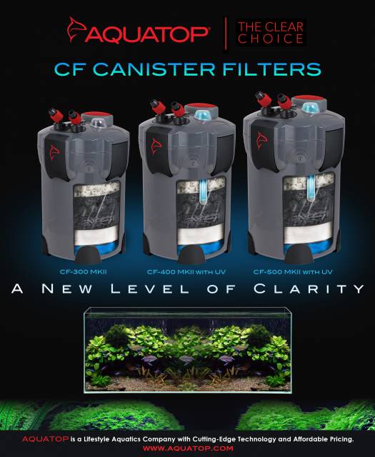 Aquatop CF MKII canister filter lineup: CF-300, CF-400 UV, and CF-500 UV over a planted aquarium