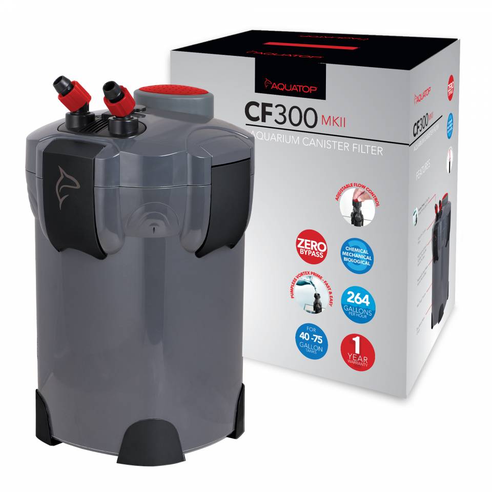 Aquatop CF300 MKII aquarium canister filter next to its retail box