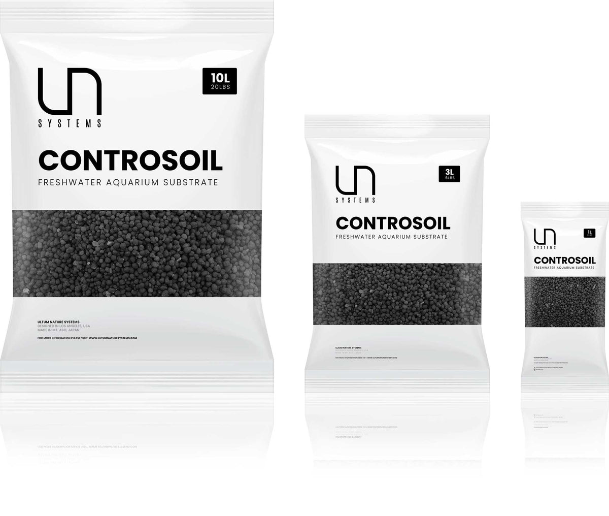 UNS Controsoil black bags in 10L, 3L and 1L sizes side by side
