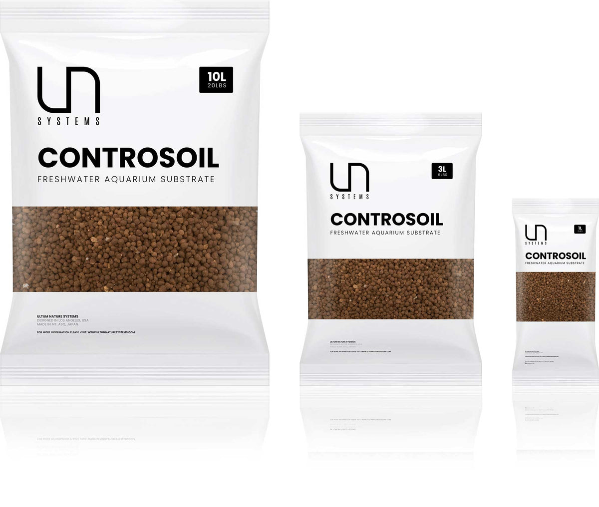 UNS Controsoil bags in 10L, 3L and 1L sizes side by side
