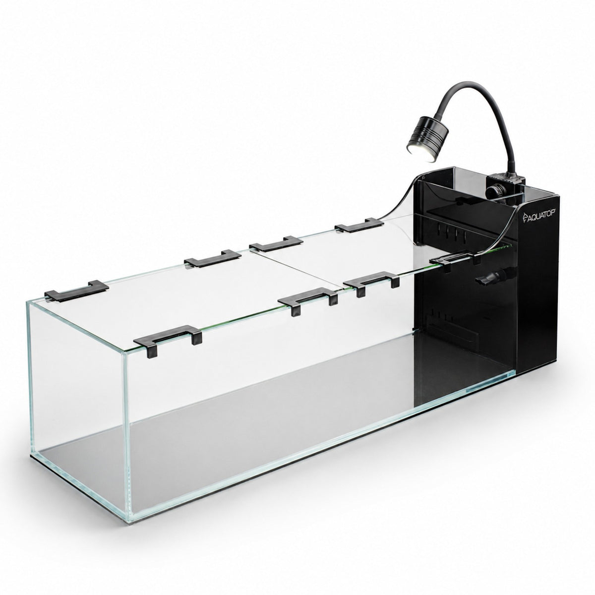 Aquatop AquaFin 8 Gallon desktop aquarium, front three-quarter view with the gooseneck LED fitted