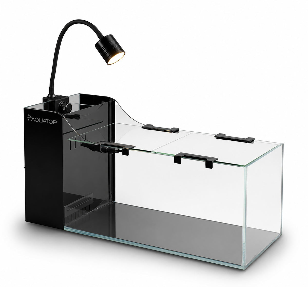 Aquatop AquaFin 5 Gallon desktop aquarium, front three-quarter view with the gooseneck LED fitted