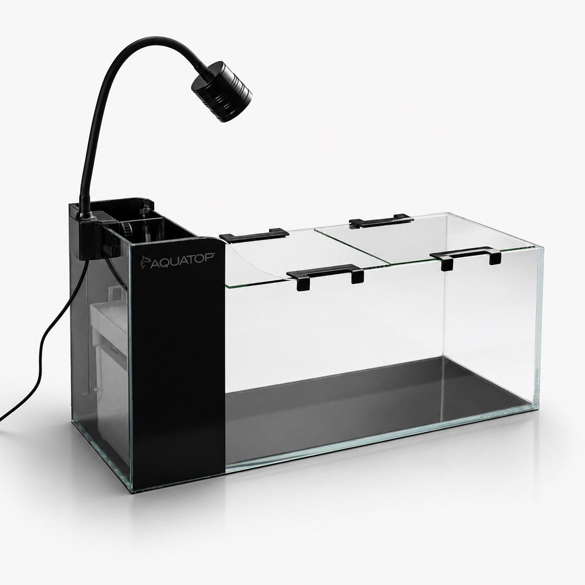 AquaFin 5 Gallon side on, showing the curved front glass and the slim rear filtration chamber