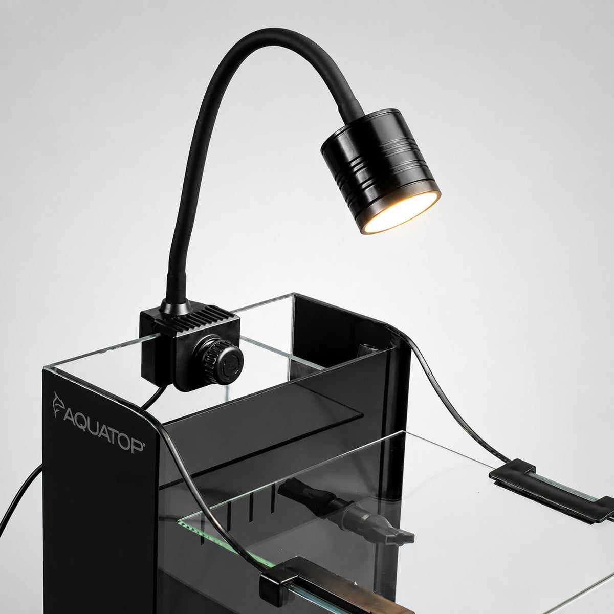 Close-up of the 10W dual COB LED spotlight on its adjustable gooseneck arm