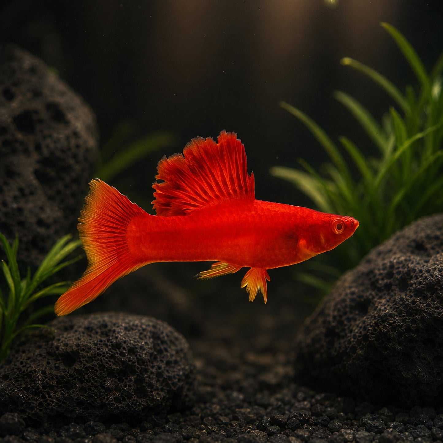Red Velvet Cauliflower Swordtail (Xiphophorus hellerii) deep red male livebearer with ruffled hifin dorsal and sword tail