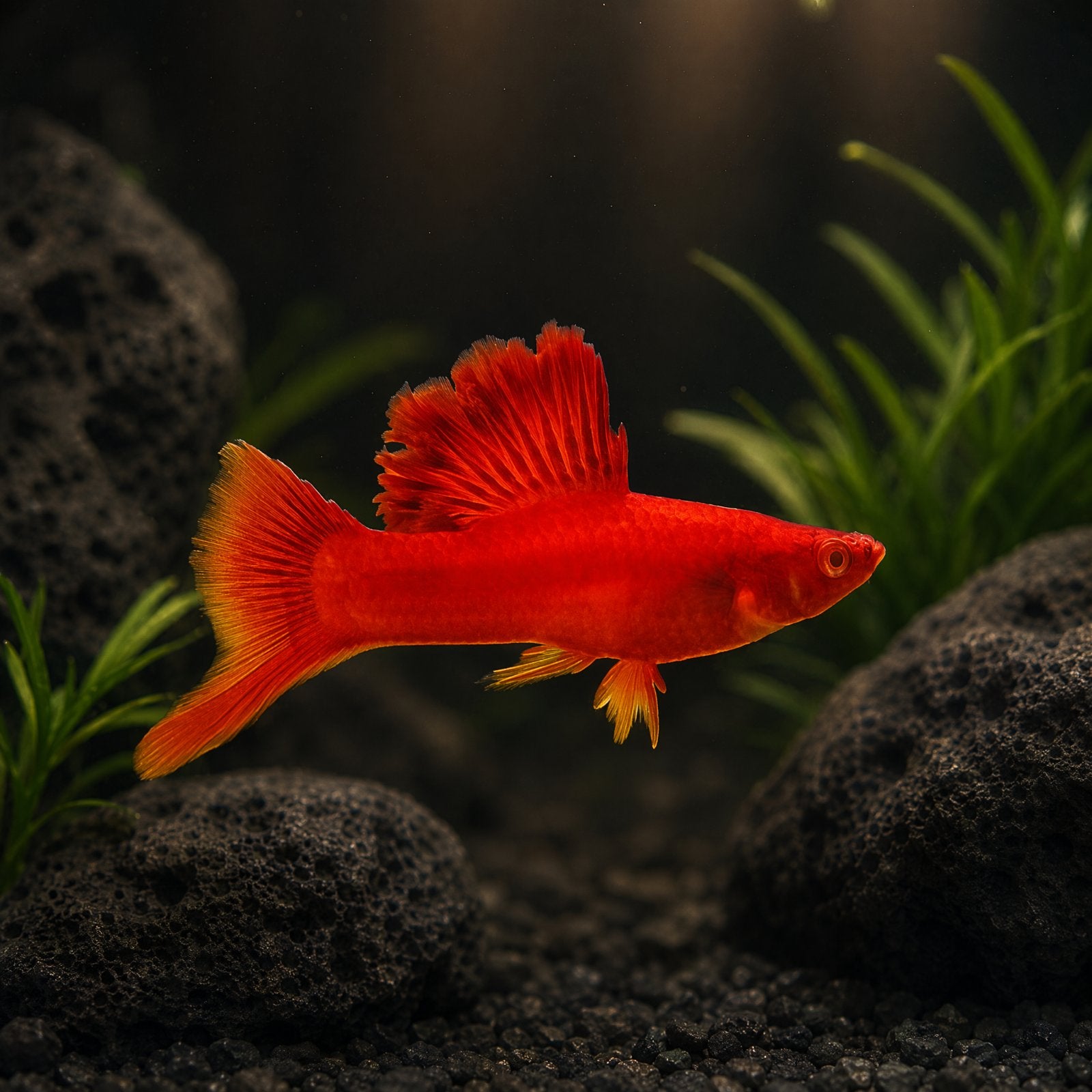 Red Velvet Cauliflower Swordtail (Xiphophorus hellerii) deep red male livebearer with ruffled hifin dorsal and sword tail