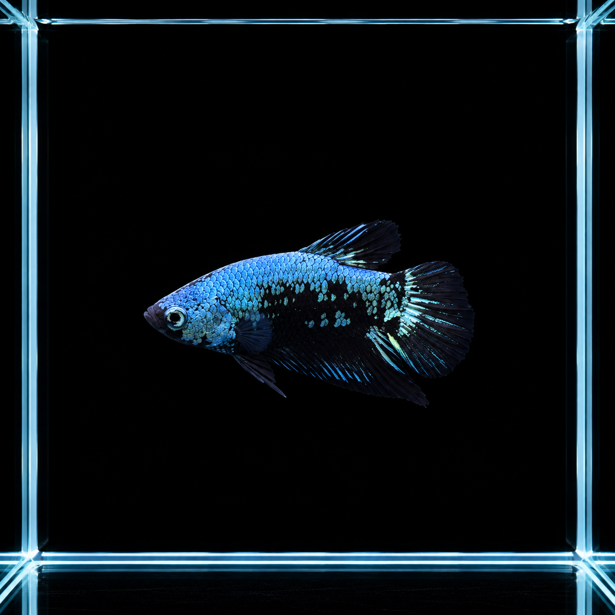 WYSIWYG photo of this exact black and blue dragon plakat male betta (Betta splendens), ice blue scales, black patches