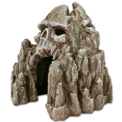 Blue Ribbon Skull Mountain in grey, a rock ornament with a skull carved into the peak and a cave opening at the base