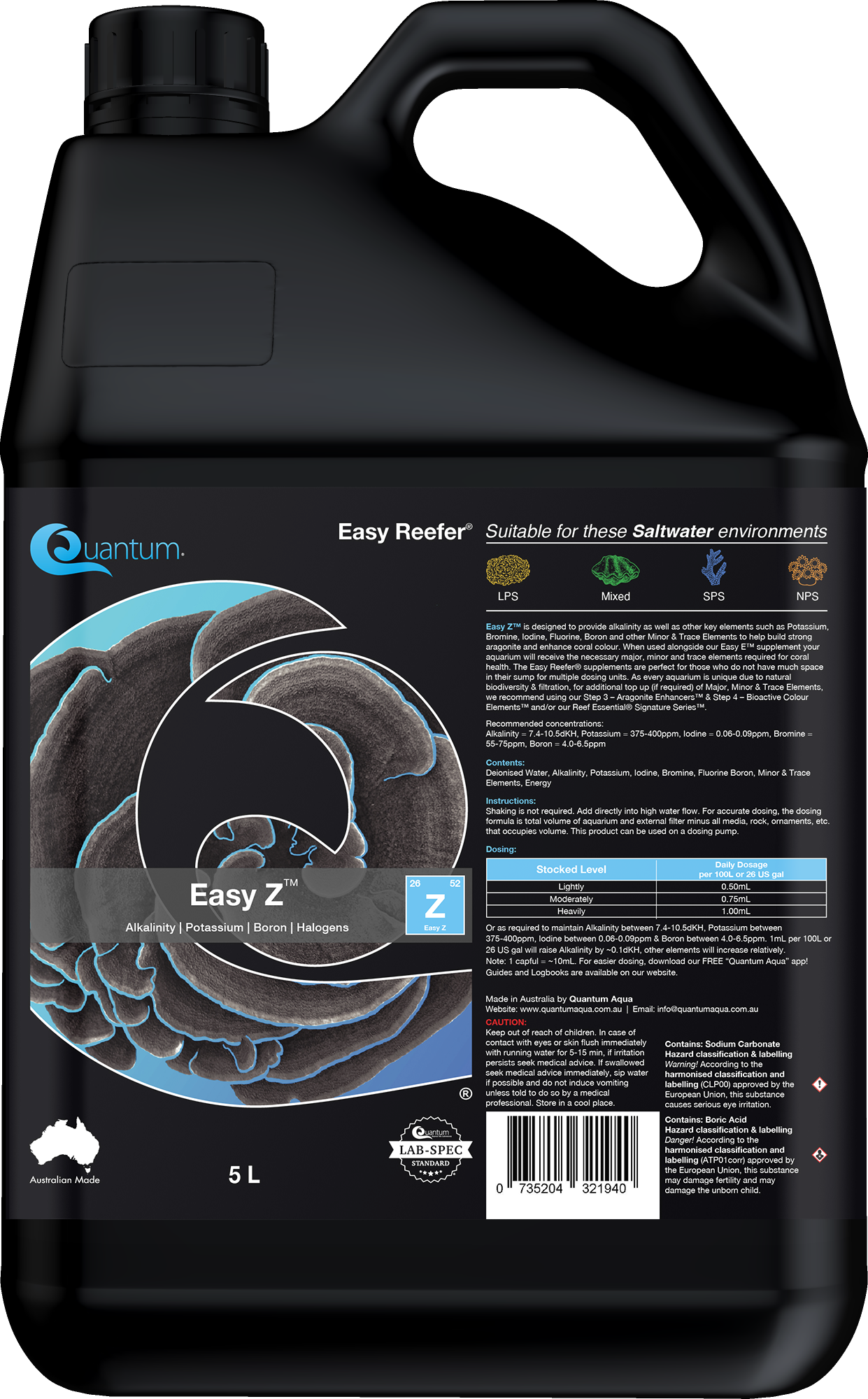 Quantum Easy Z 5 Liter jug, bulk reef alkalinity supplement with dosing chart, Australian made