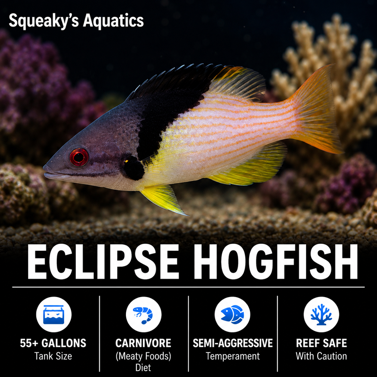 Eclipse Hogfish (Bodianus mesothorax) saltwater reef fish - juvenile with purple-black front and yellow rear