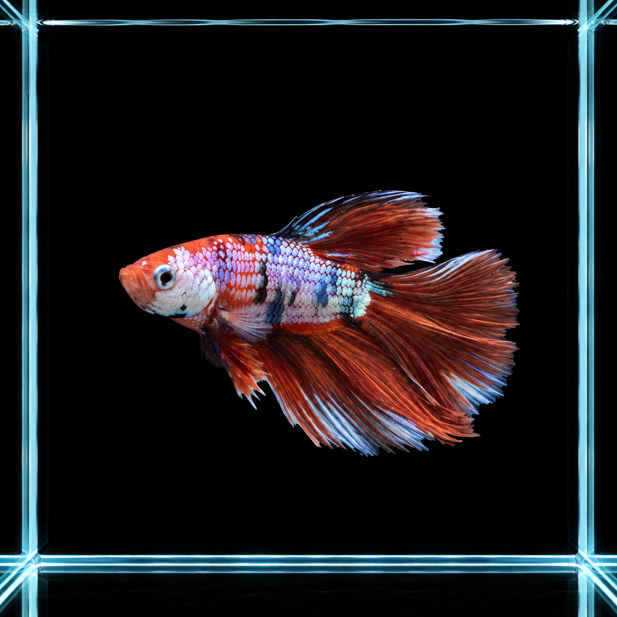 WYSIWYG photo of this exact orange koi delta male betta (Betta splendens), orange, white, blue and black patches