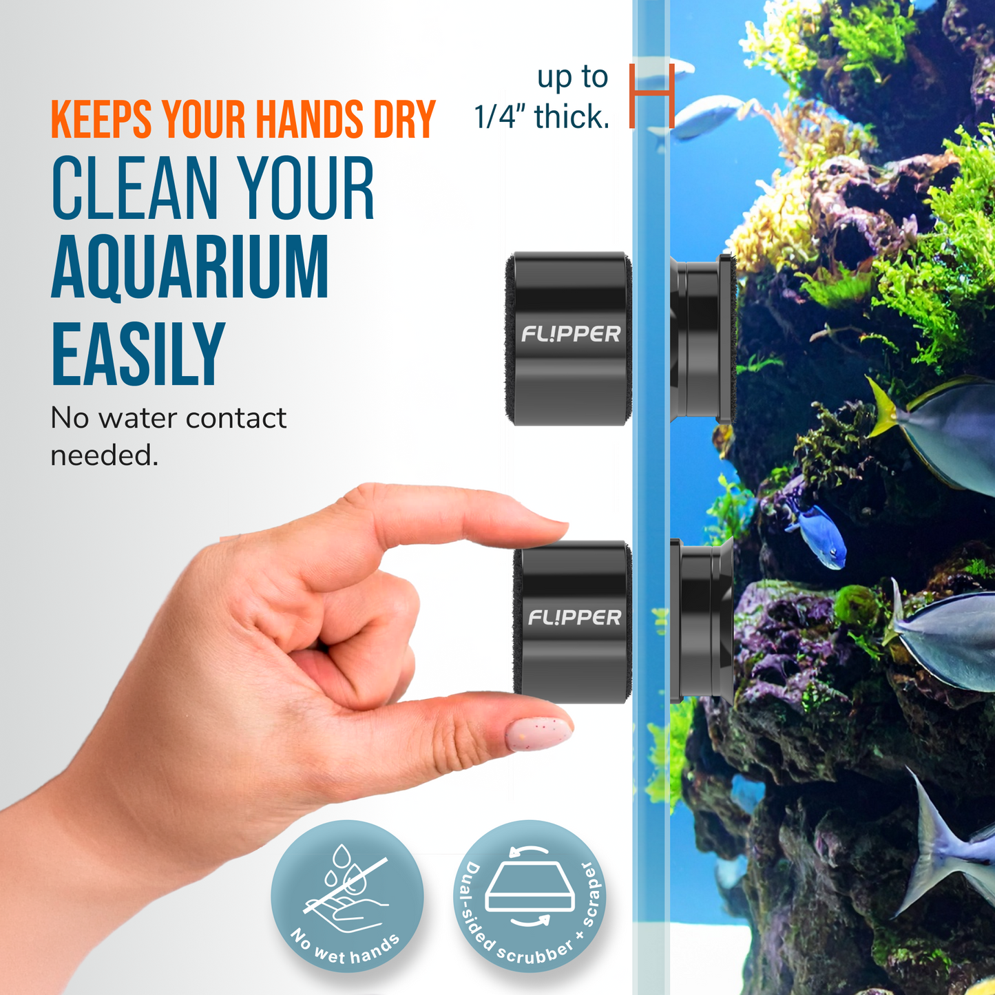 Flipper Pico cleans aquarium glass hands free up to quarter inch