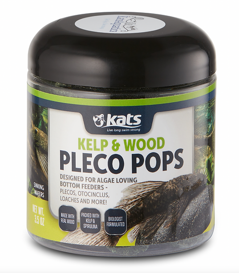 Front label of the Kelp and Wood Pleco Pops jar listing plecos, otocinclus and loaches