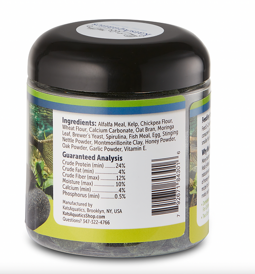 Back label of the Kelp and Wood Pleco Pops jar showing ingredients and guaranteed analysis