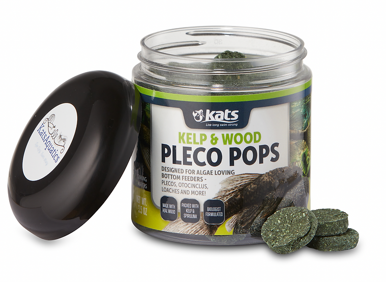 KatsAquatics Kelp and Wood Pleco Pops jar with wafers beside it