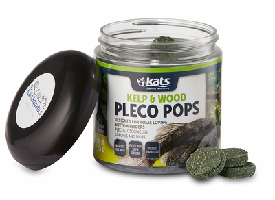 KatsAquatics Kelp and Wood Pleco Pops jar with wafers beside it