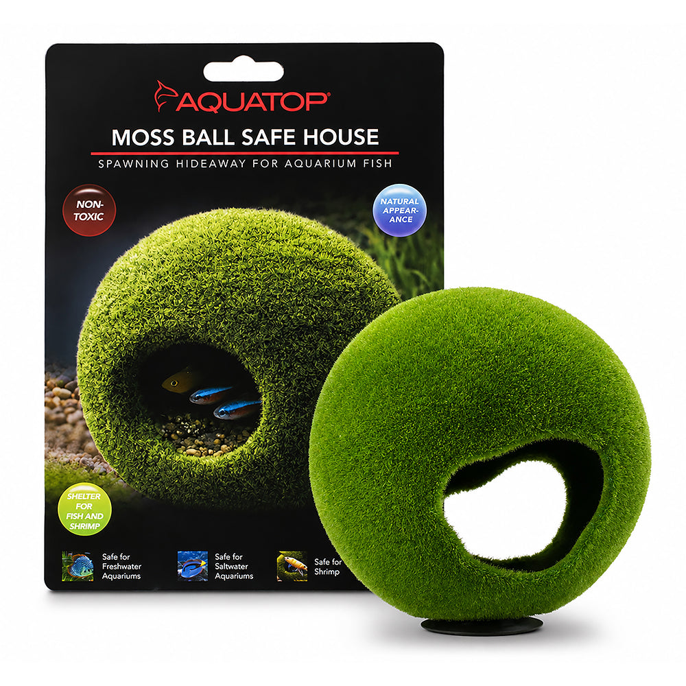 Aquatop Moss Ball Safe House Large, the moss-look sphere hideaway beside its retail card