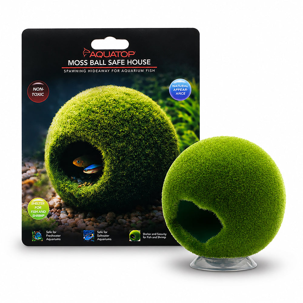 Aquatop Moss Ball Safe House Medium, the moss-look sphere hideaway beside its retail card