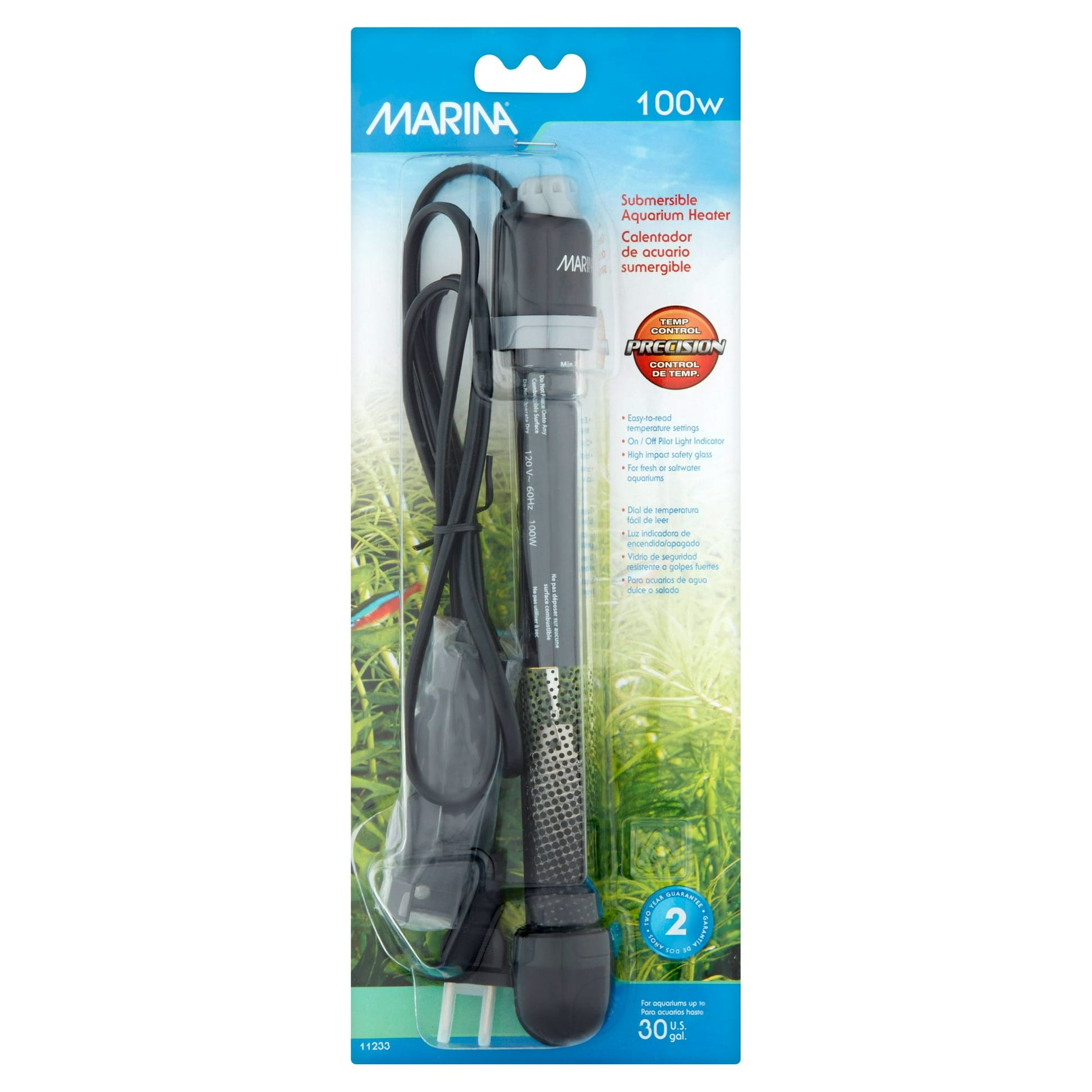 Marina Submersible Aquarium Heater 100W 8.5 inch in packaging, fully submersible glass heater with temperature control for fresh or saltwater tanks up to 30 gallons