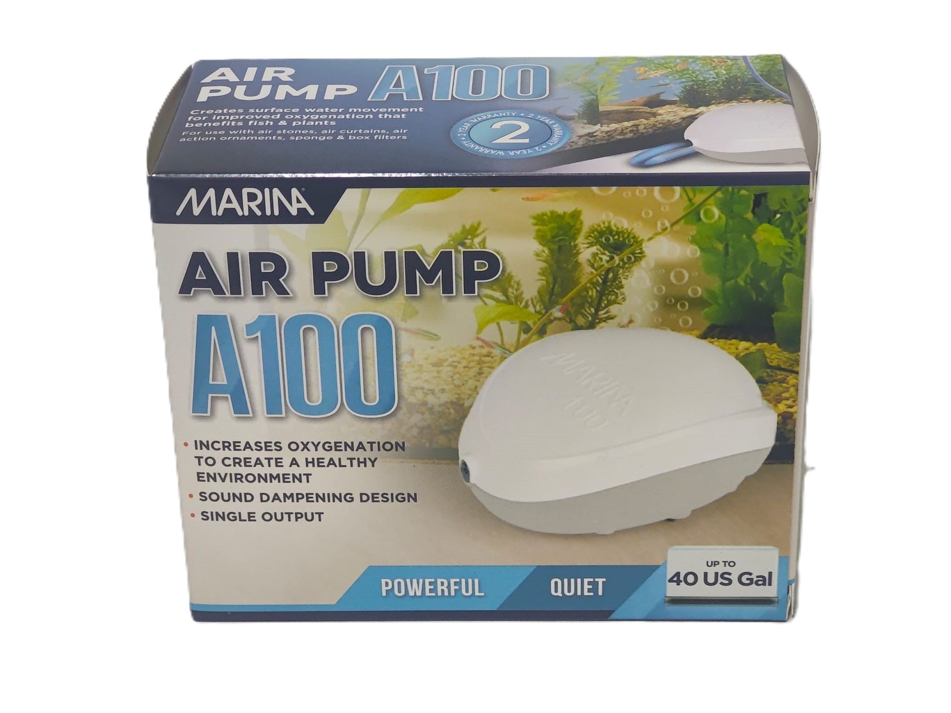Marina A100 white aquarium air pump, single output, up to 40 gallons
